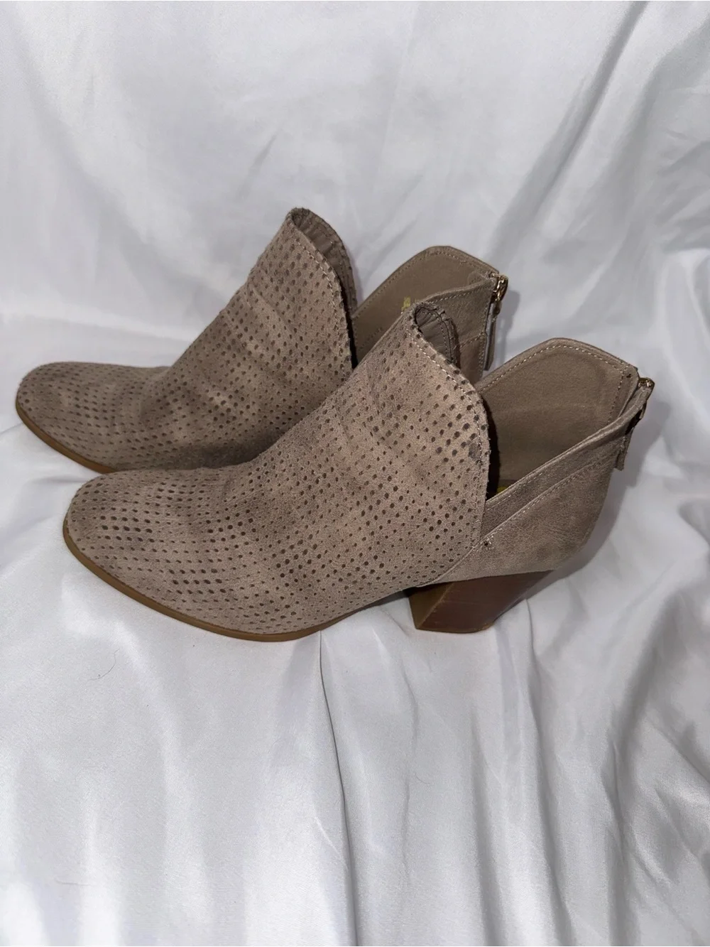 Fergalicious Taupe Perforated Suede Ankle Booties